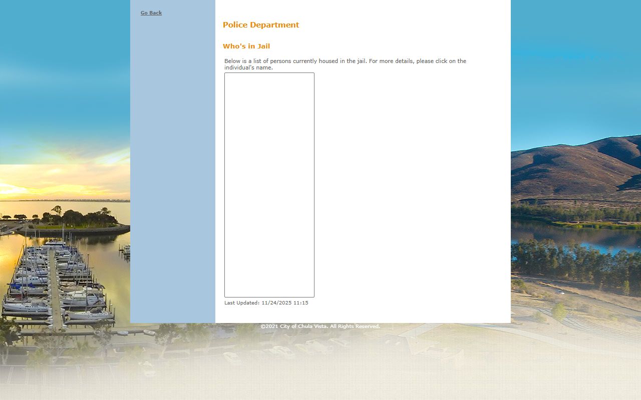 Chula Vista Police Department Who's In Jail search tool for 72 hour booking records