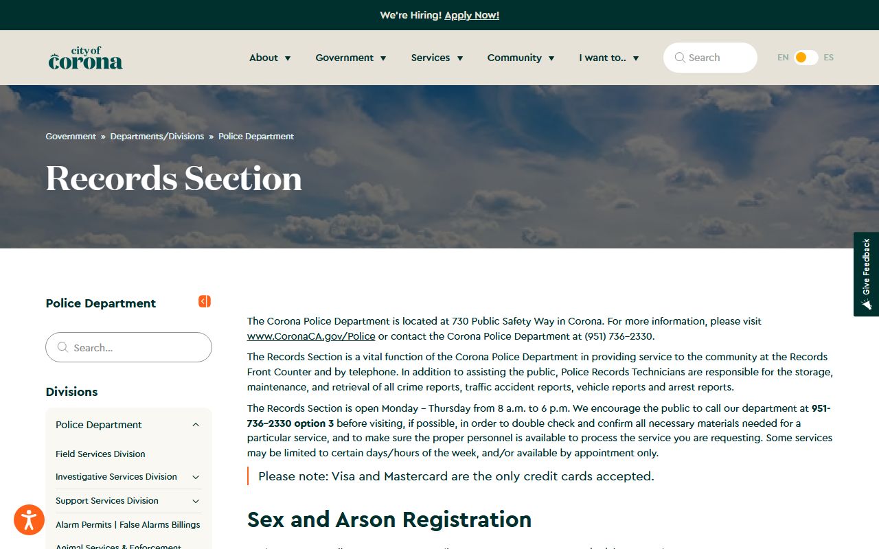 Corona Police Department records section page for 72 hour booking record requests