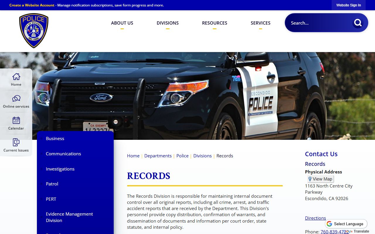 Escondido Police Department records section for 72 hour booking record requests