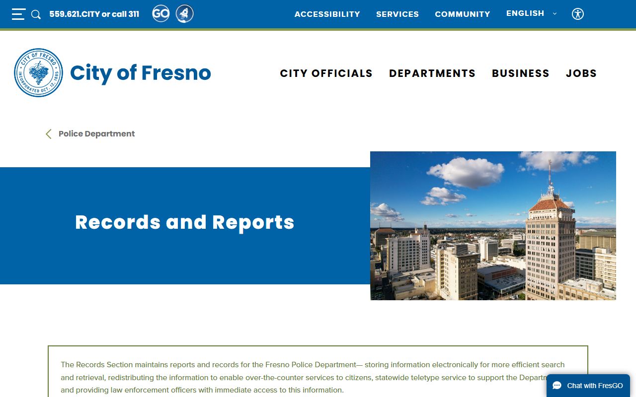 Fresno Police Department records and reports page for 72 hour booking information