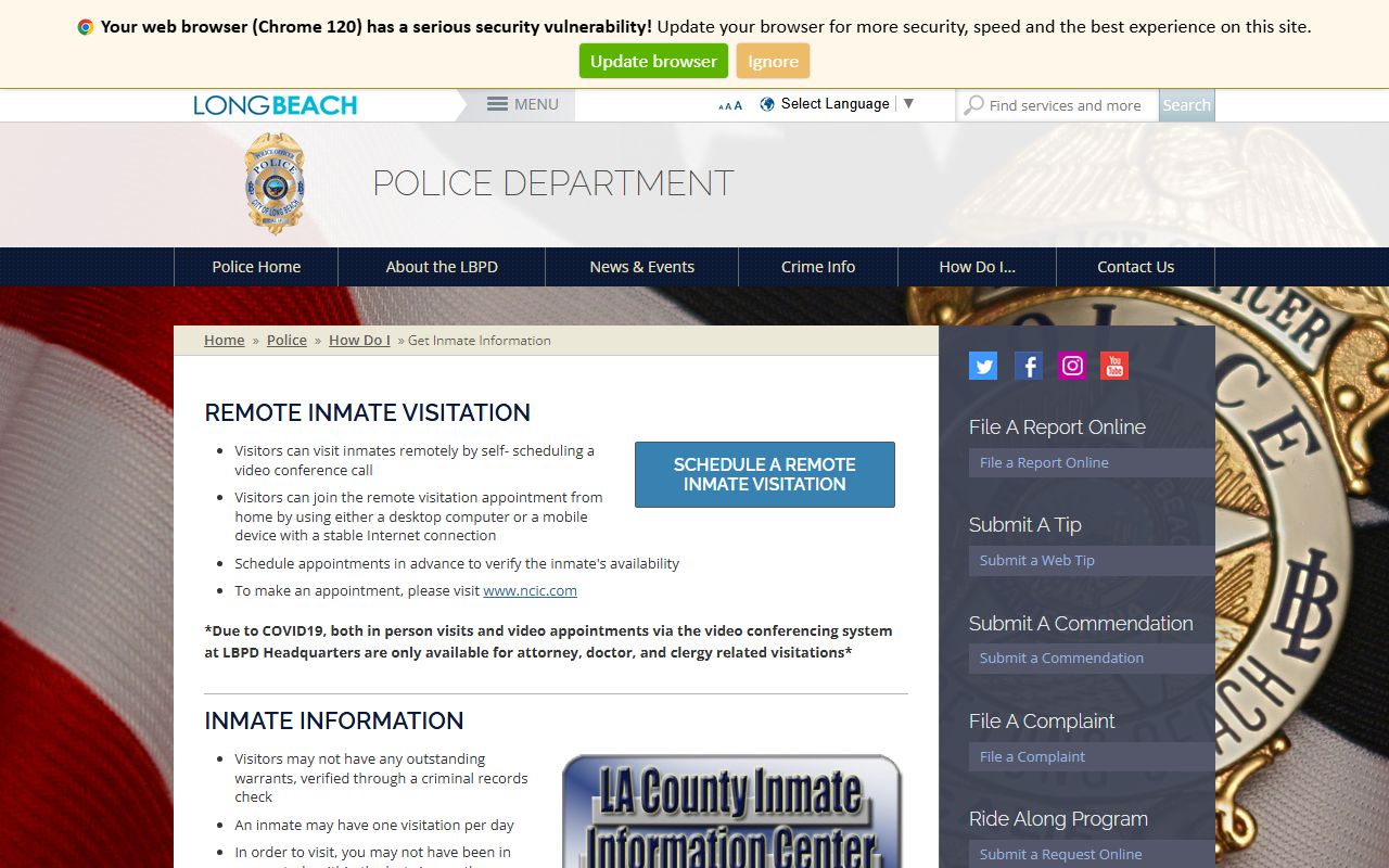 Long Beach Police Department inmate information page for 72 hour booking records