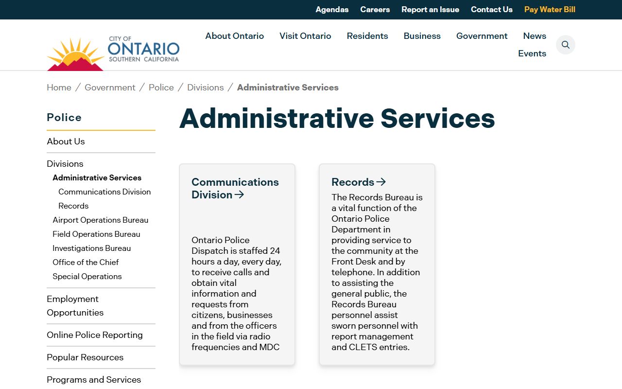 Ontario Police Department administrative services page 72 hour booking records