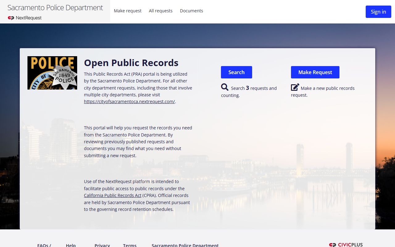 Sacramento Police Department records portal for 72 hour booking record requests