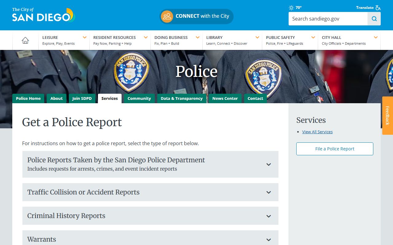 San Diego Police Department records page for 72 hour booking record requests