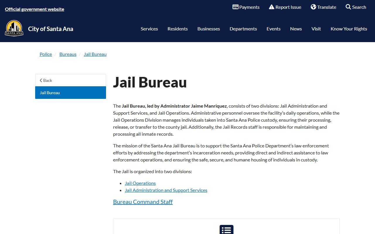 Santa Ana Police Department Jail Bureau page for 72 hour booking information