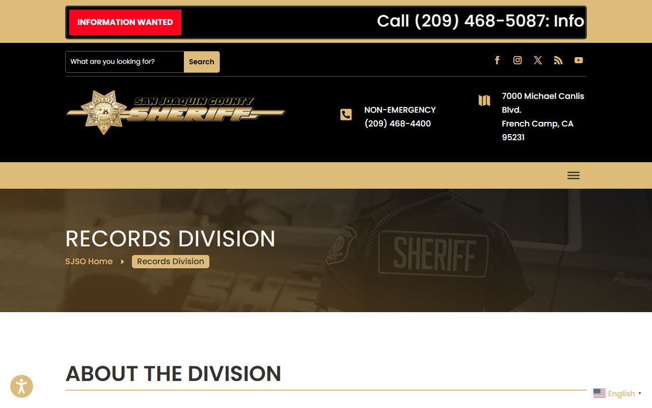 San Joaquin County Sheriff records division page for Stockton 72 hour booking records
