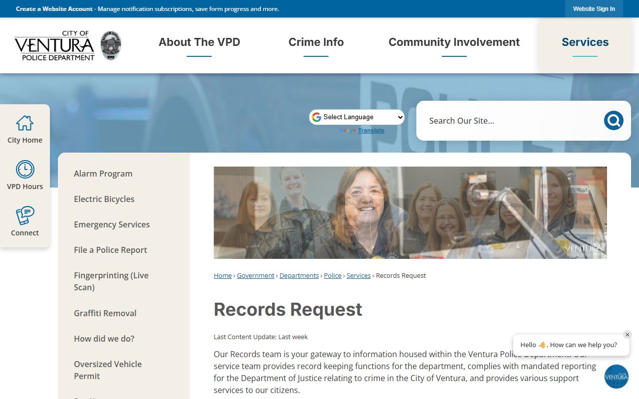 Ventura Police Department records request form for 72 hour booking records