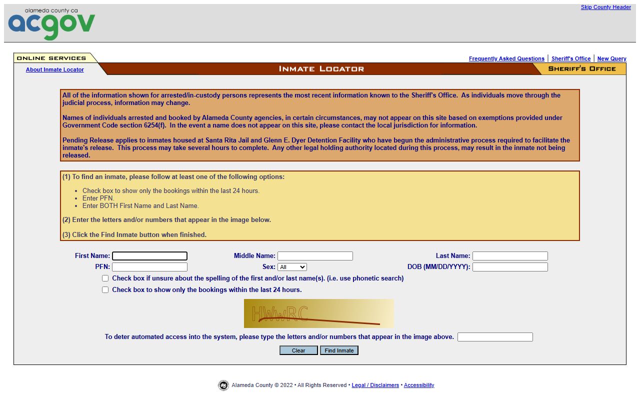 Alameda County Sheriff inmate locator database for 72 hour booking records search