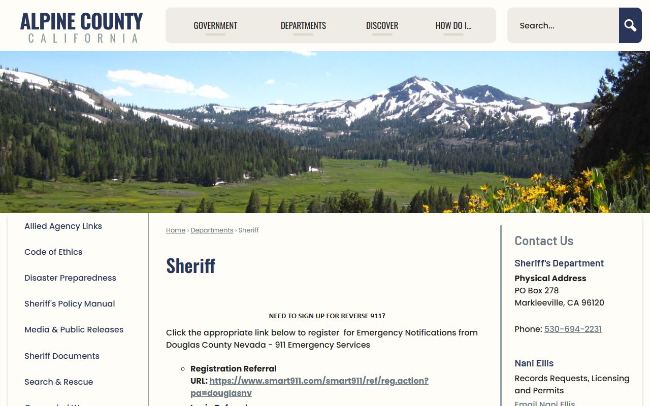 Alpine County Sheriff office page showing no local jail for 72 hour booking records