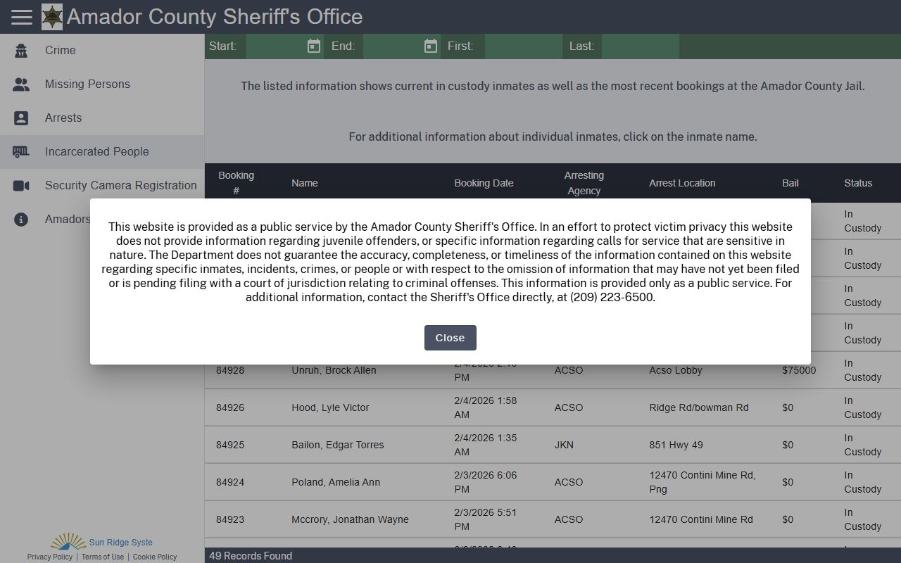 Amador County Sheriff Citizen RIMS inmate search for 72 hour booking records