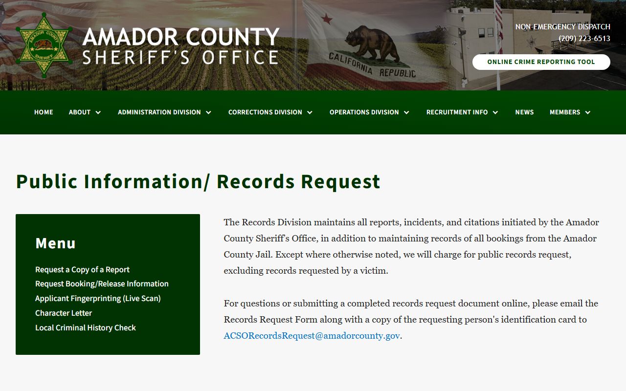 Amador County Sheriff records request form for booking records