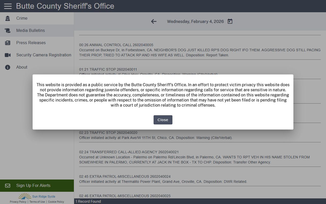 Butte County Sheriff Citizen RIMS public logs portal for booking data