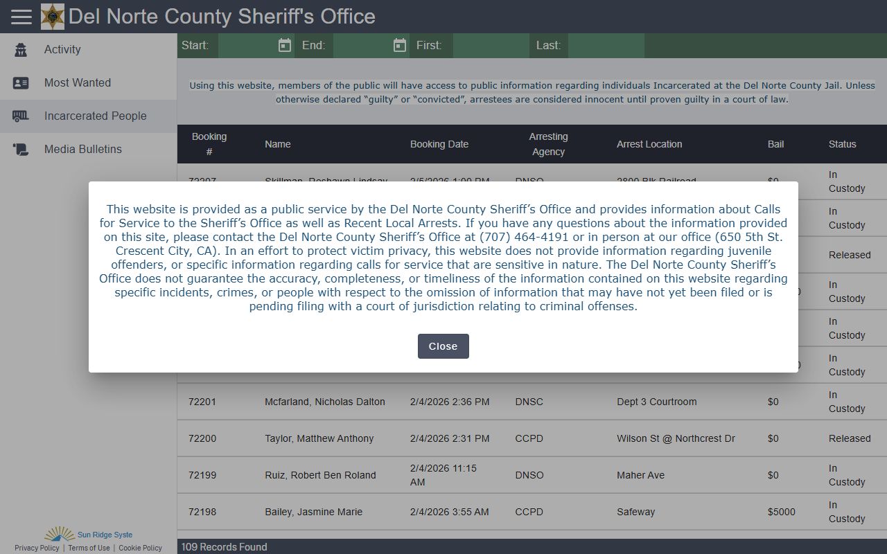 Del Norte County inmate search booking records database