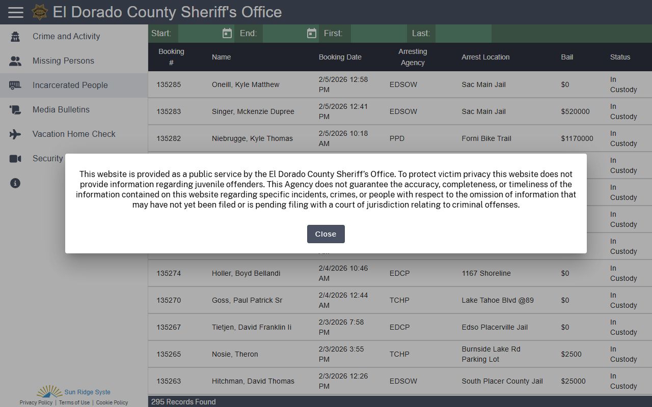 El Dorado County inmate search 72 hour booking records database