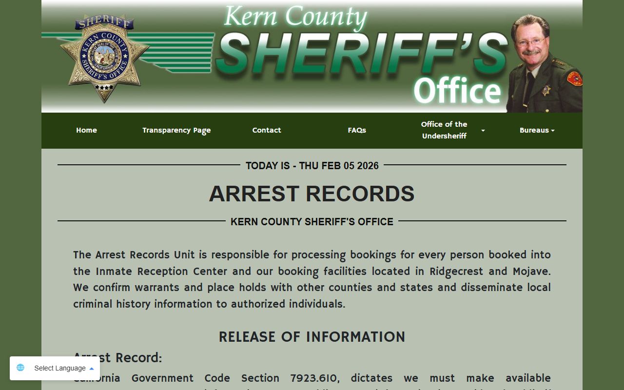 Kern County Sheriff arrest records page for 72 hour booking data
