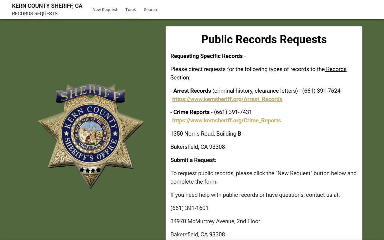 Kern County Sheriff FOIA portal for booking records requests