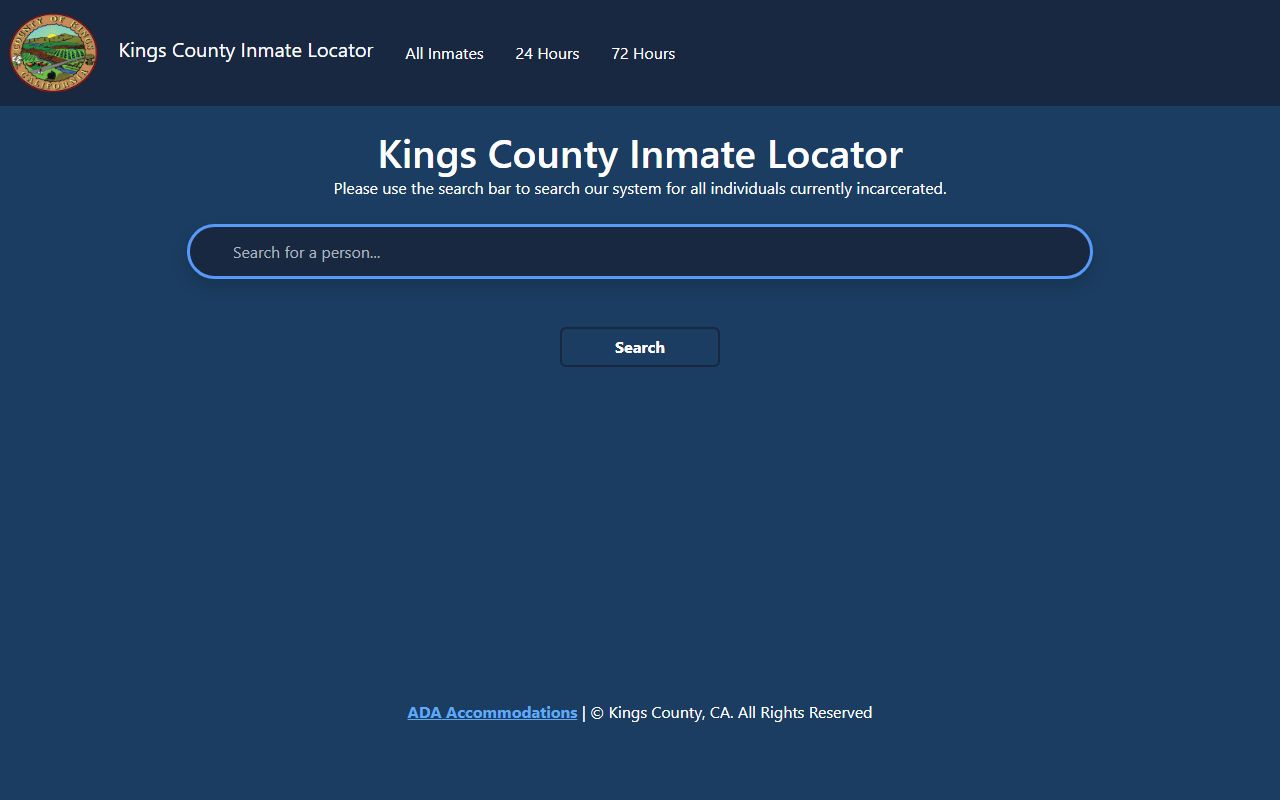 Kings County Sheriff inmate locator for 72 hour booking records