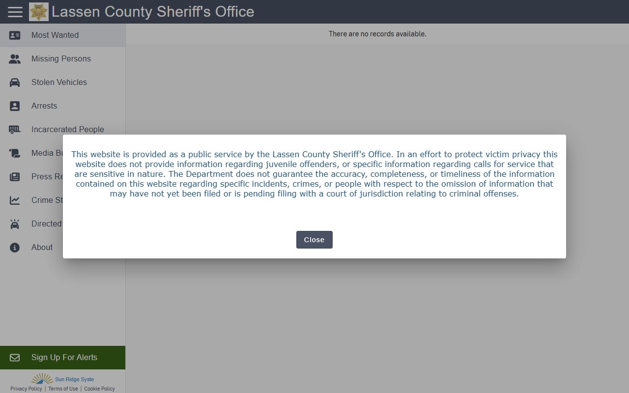 Lassen County CrimeGraphics portal for 72 hour booking records