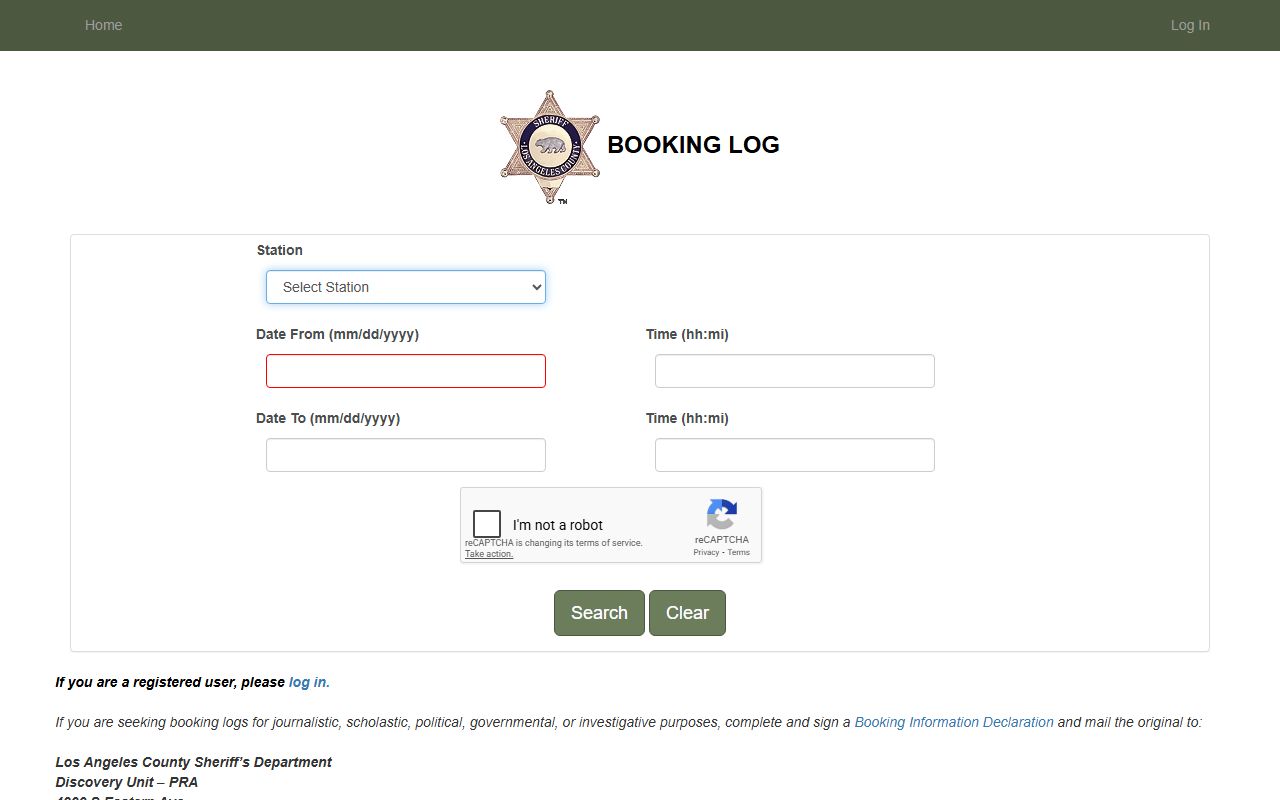 Los Angeles County LASD booking log for recent 72 hour arrest data
