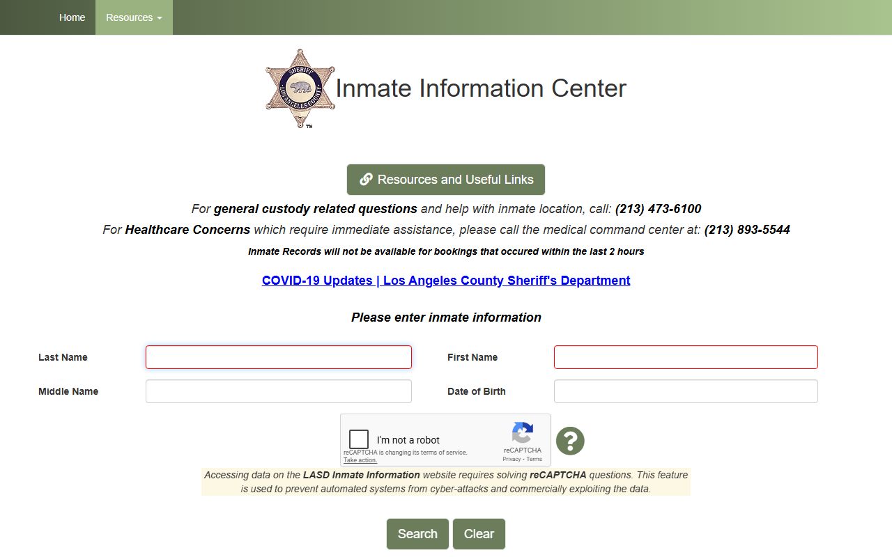 Los Angeles County LASD Inmate Information Center for booking records