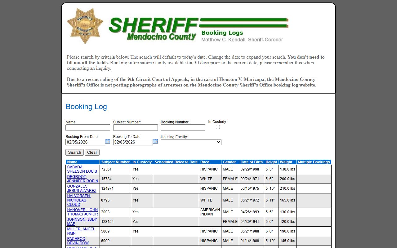 Mendocino County Sheriff booking log database for 72 hour booking records