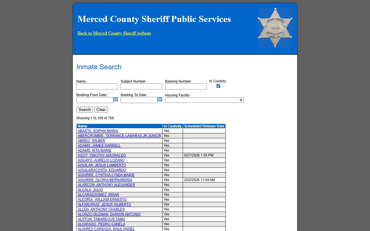 Merced County Sheriff inmate inquiry database for 72 hour booking records