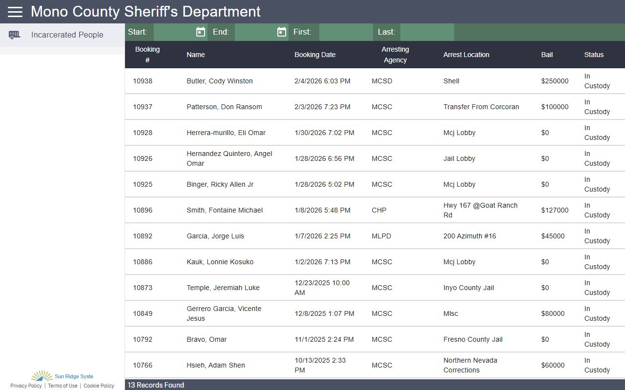 Mono County Sheriff CrimeGraphics database for 72 hour booking records