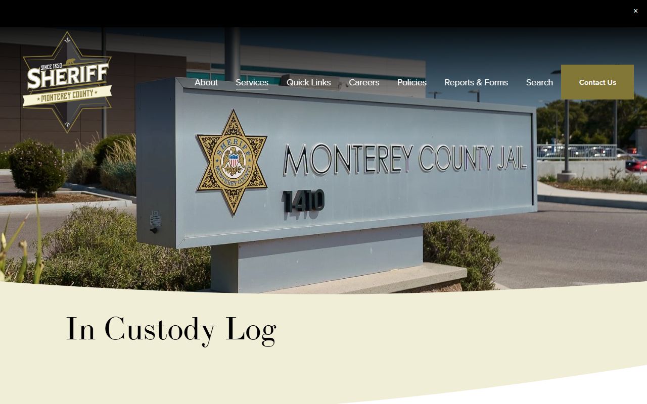 Monterey County Sheriff in-custody log for 72 hour booking records
