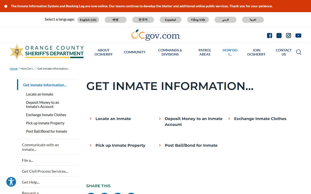 Orange County Sheriff inmate information portal for 72 hour booking data