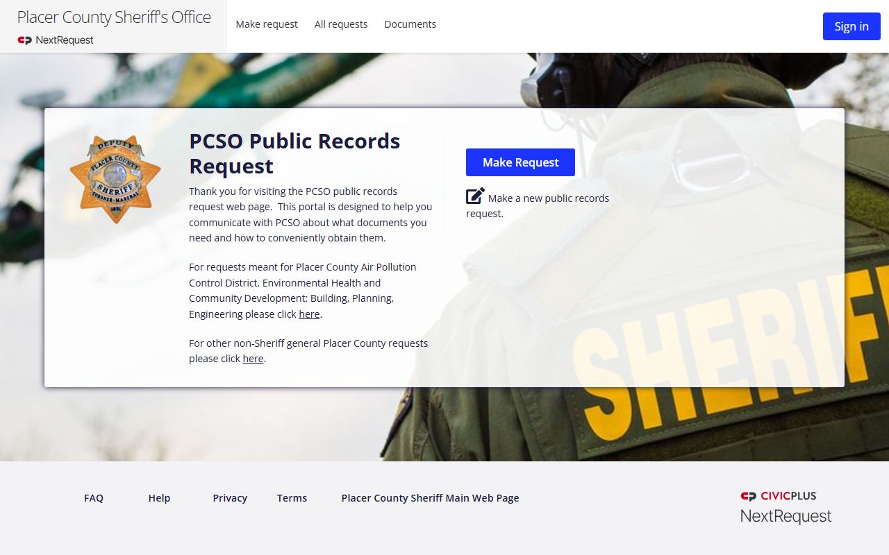 Placer County Sheriff public records request form for booking records