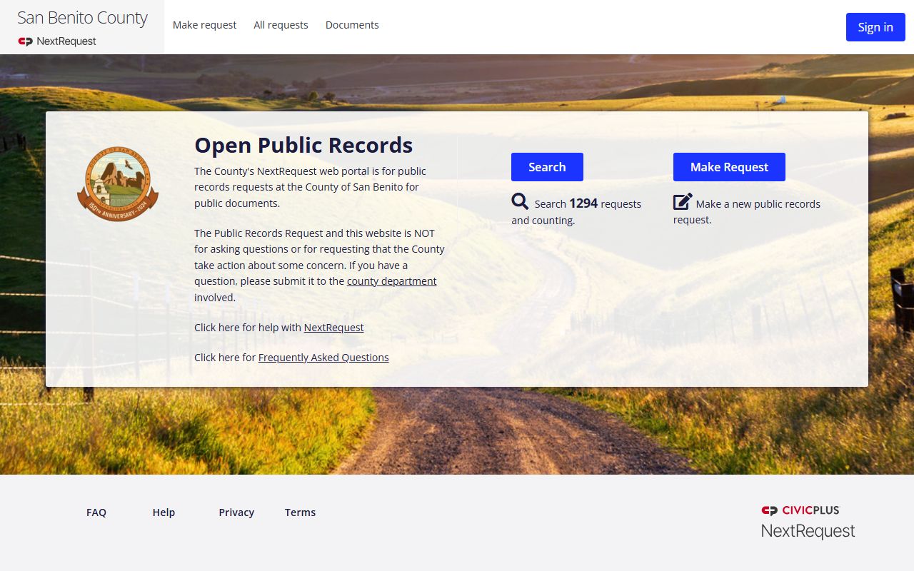 San Benito County NextRequest public records portal for 72 hour booking records
