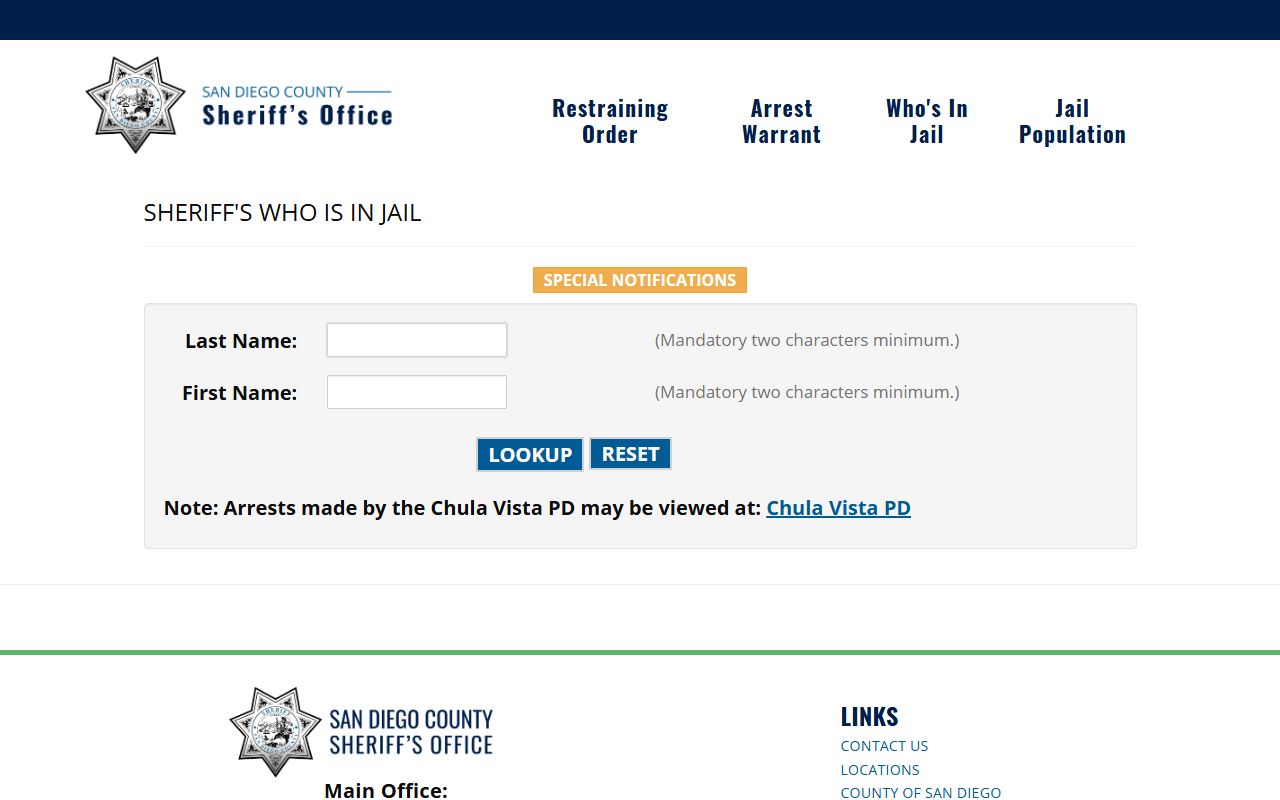 San Diego County Sheriff Who's In Jail search tool for 72 hour booking records