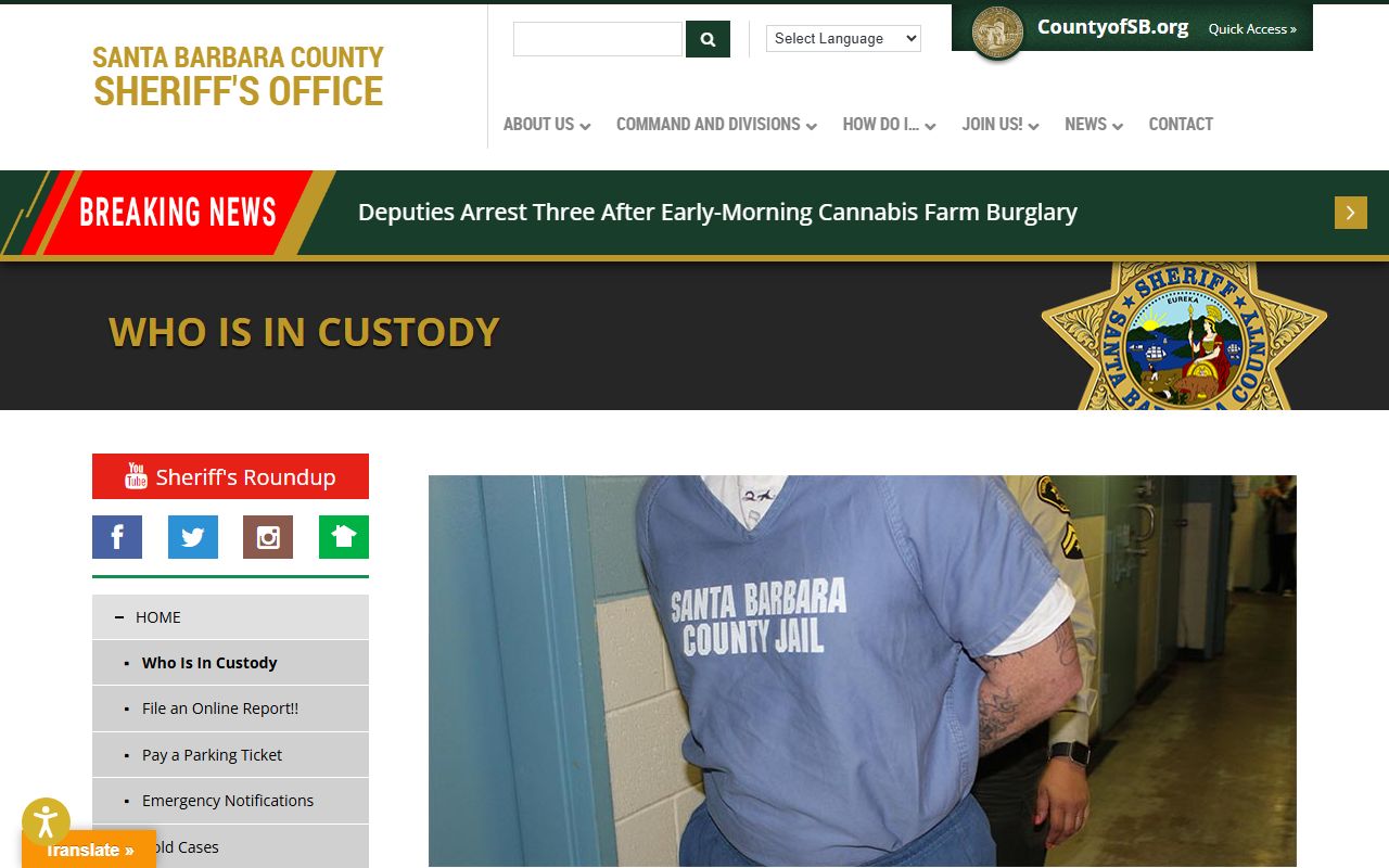 Santa Barbara County Sheriff Who's In Custody tool for 72 hour booking records