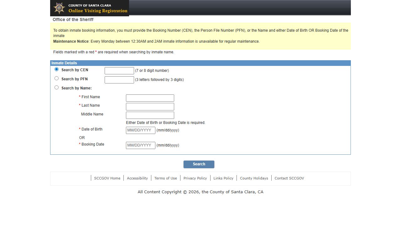 Santa Clara County Sheriff inmate search tool for 72 hour booking records