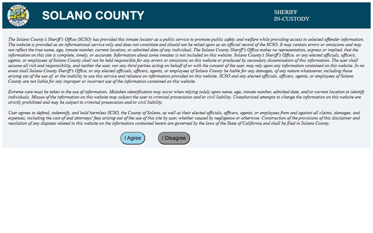 Solano County Sheriff inmate search database for 72 hour booking records