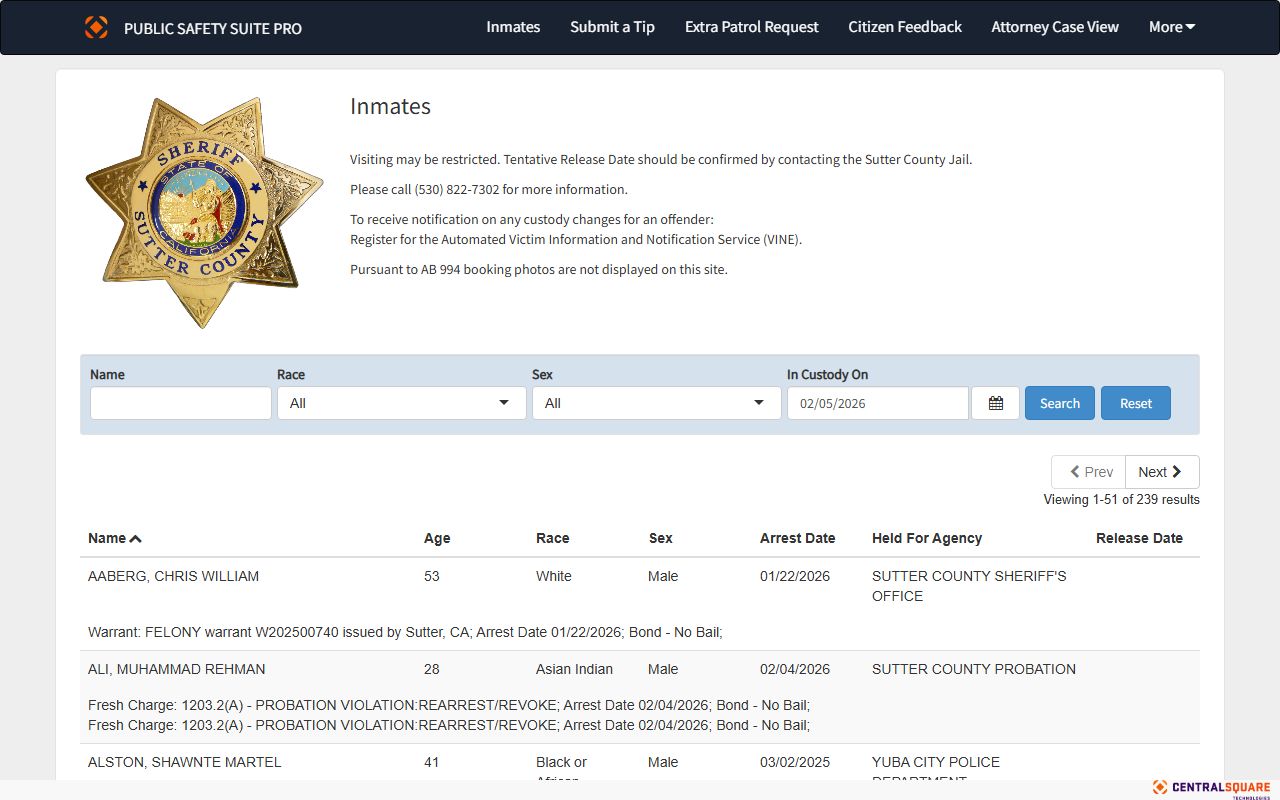 Sutter County Sheriff Zuercher Portal inmate search for 72 hour booking records