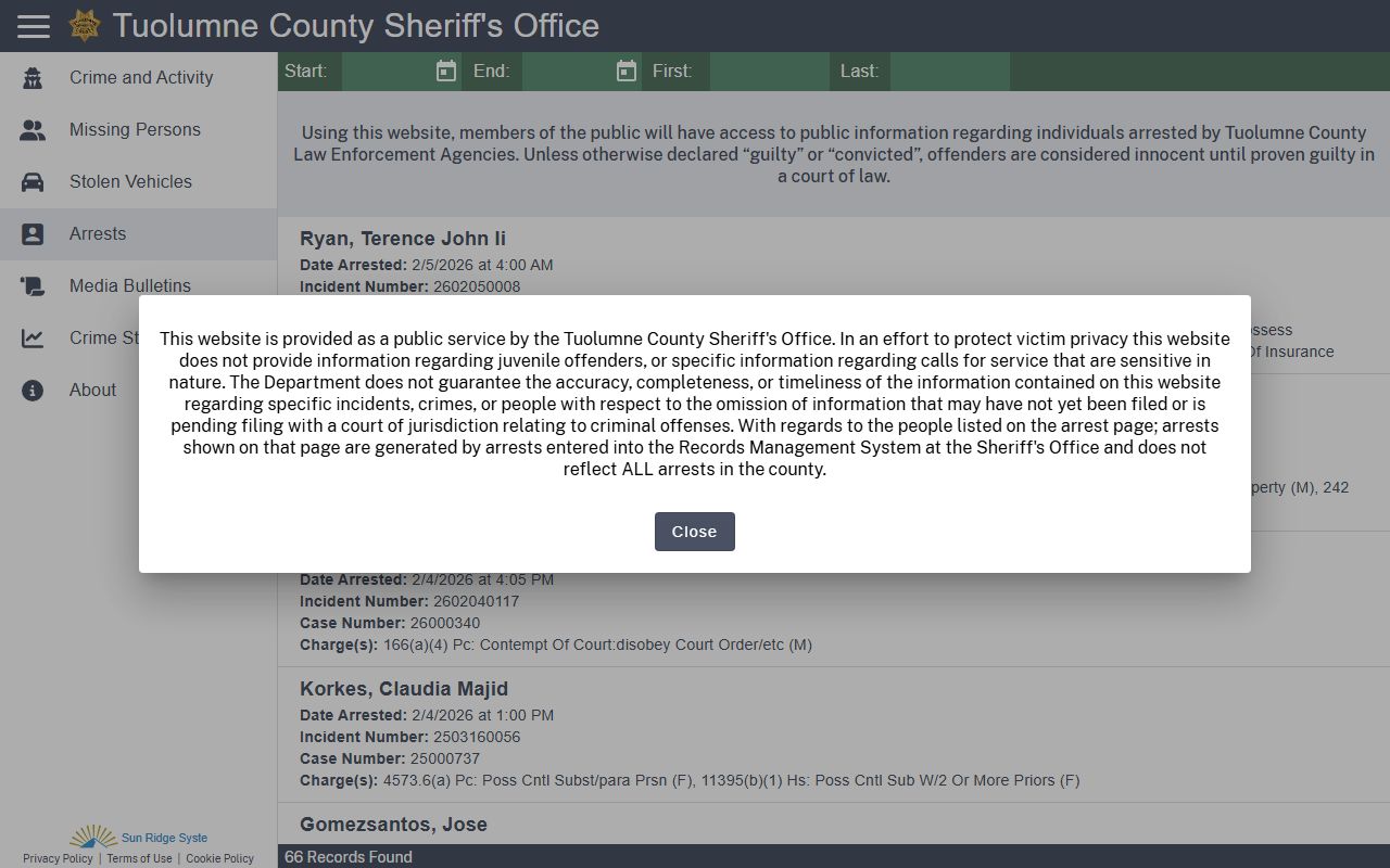 Tuolumne County Sheriff Citizen RIMS arrests database for 72 hour booking records