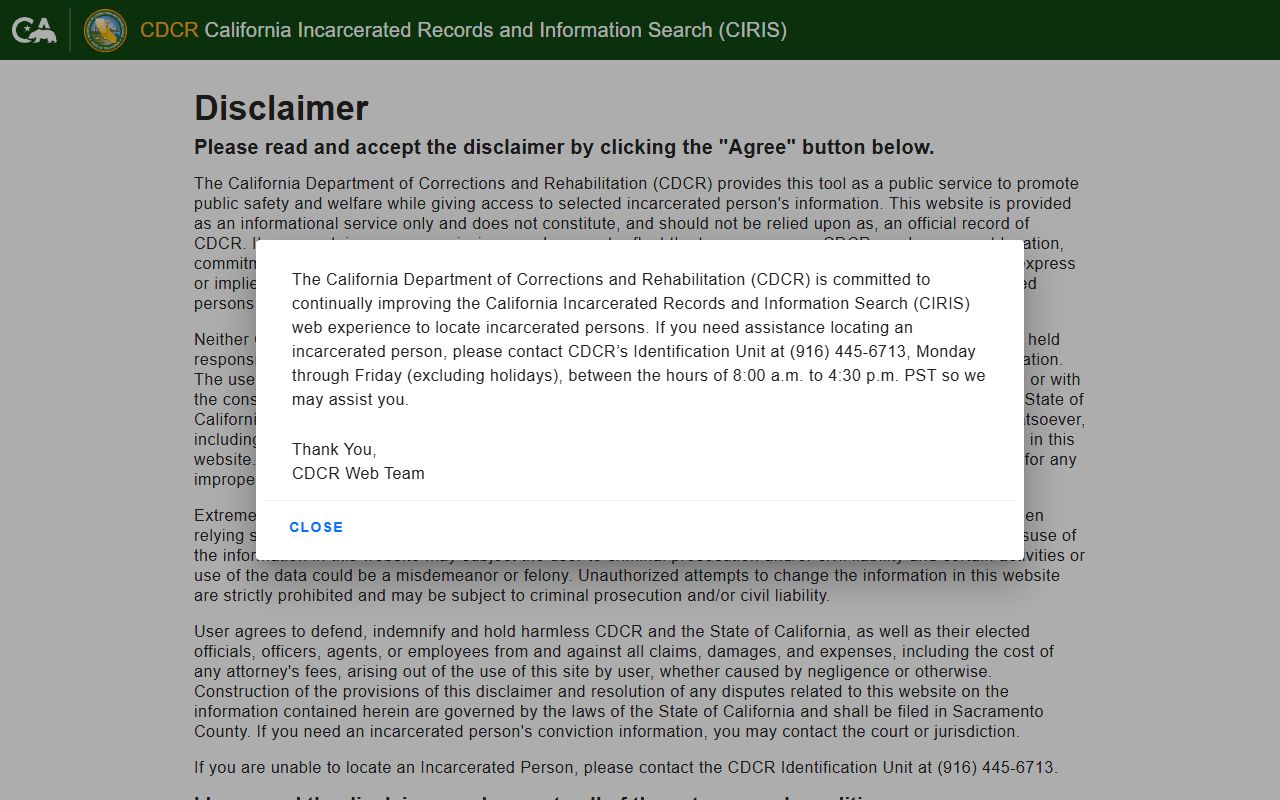 California CDCR CIRIS inmate locator for booking records search
