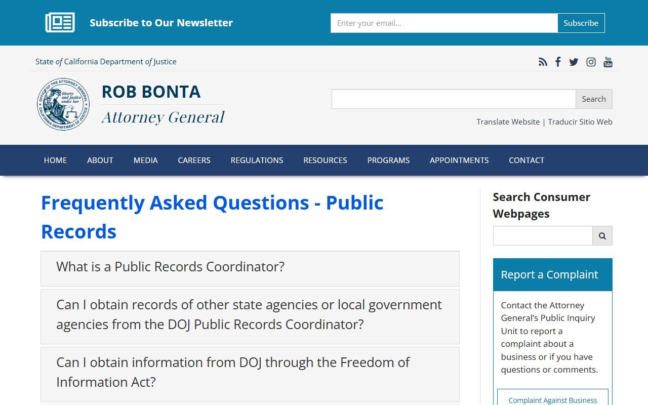 California DOJ PRA FAQ page about booking records access