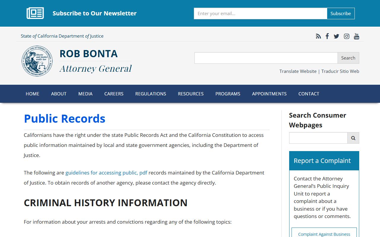 California DOJ public records request page for booking data