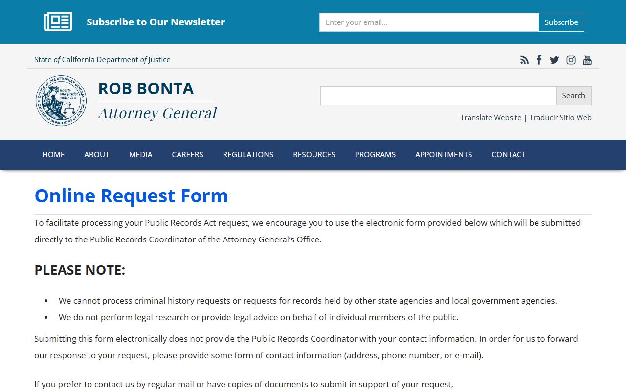 California DOJ records request form for booking information