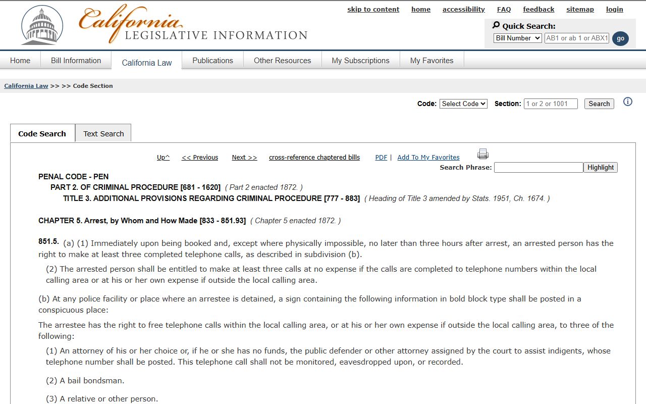 California Penal Code 851.5 booking rights and phone calls